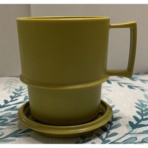 Vintage Tupperware 1312-12 Stacking Mug with Lid Coaster 1313-1 Green‎